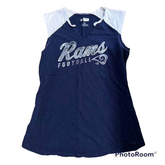 𝅺rams football blue and white muscle tee, NFL team apparel, L, raw V neck. - Picture 1 of 8
